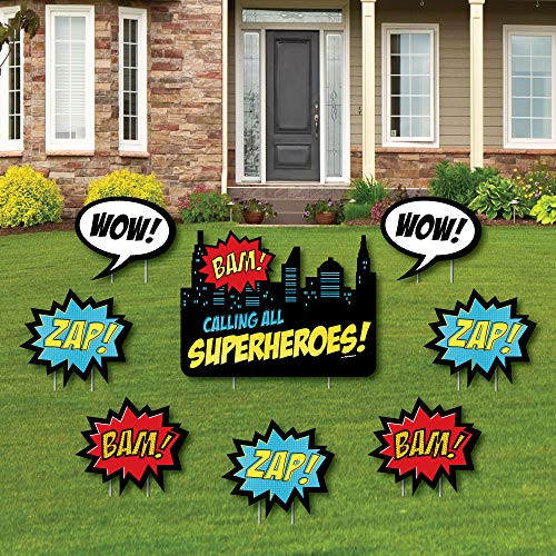Big Dot of Happiness Bam Superhero  Yard Sign and Outdoor Lawn Decorations  Baby Shower or Birthday Party Yard Signs  Set of 8