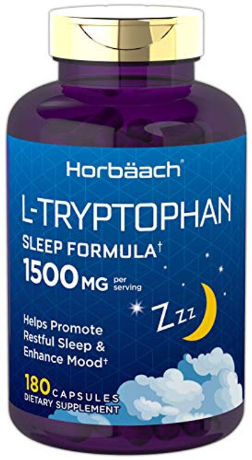 Horbaach L Tryptophan 1500mg Capsules 180 Count Extra Strength NonGMO Gluten Free Supplement Horbaach L Tryptophan 1500mg Capsules 180 Count Extra Strength NonGMO Gluten Free Supplement