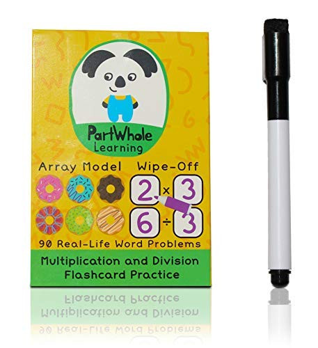 Multiplication Flash Cards for Kids | Colorful Dry Erase Division Math Practice Flashcards Learning | Multiplying & Dividing Educational Card Set | Array Model | Word Problems | Marker Included