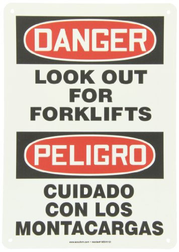 Accuform Signs SBMVHR110VP Plastic Spanish Bilingual Sign Legend DANGER LOOK OUT FOR FORKLIFTSPELIGRO CUIDADO CON LOS MONTACARGAS 14 Length x 10 Width x 0055 Thickness RedBlack on White