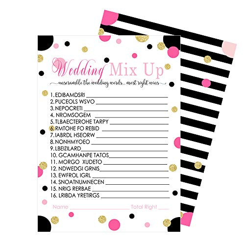 Pink and Gold Bridal Shower Games - 25 Word Scramble Activity Cards for Guests - Mod Dot and Stripe Wedding Ideas