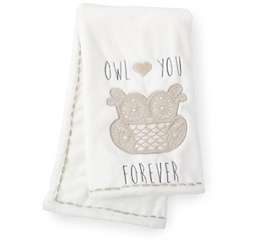 Levtex Baby  Night Owl Plush Blanket  Appliqued and Embroidered Owl with RIC Rac Trim  Owl Love You Forever  Grey Tan and Cream  Nursery Accessories  Blanket Size 30 x 40 in
