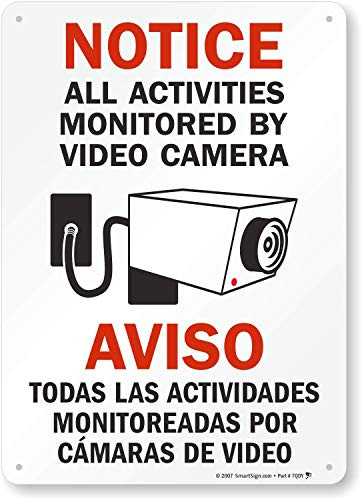 SmartSign Plastic Sign Legend Notice All Activities Monitored By Video Camera Bilingual Sign with Graphic 14 high x 10 wide BlackRed on White