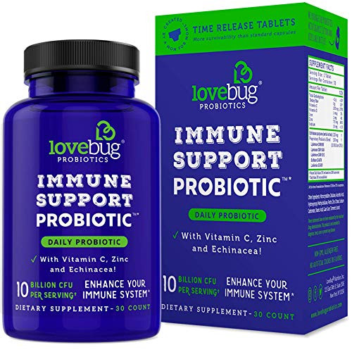 Lovebug Probiotic Immune Support Probiotic for Men  Women with Vitamin C Zinc and Echinacea 30 Tablets