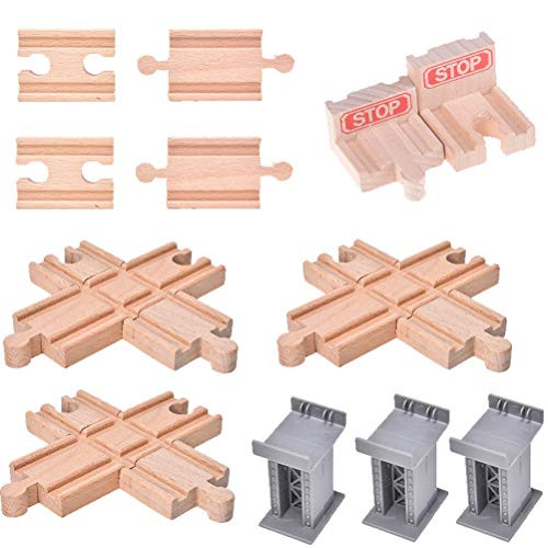 Ioffersuper 12 pcs Wooden Train Track Set, Male-Male Female-Female Bump Track,Bridge Pier Track(Random Color),Cross Track and Stop Track Compatible with All Major Brands (Mix)