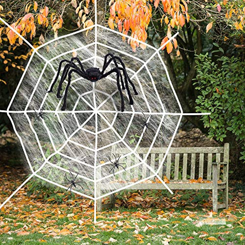 Halloween Giant 12 FT Round Spider Web with 25 FT Big Black Hairy Spider and Super Stretch Cobwebs Halloween Indoor and Outdoor Decorations