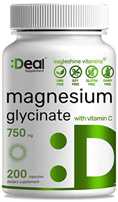Deal Supplement Magnesium Glycinate Plus Vitamin C 750mg 200 Capsules  100 Chelated for High Absorption  Supports Muscle Heart Bones Health Leg Cramps Stress Relief  Sleep