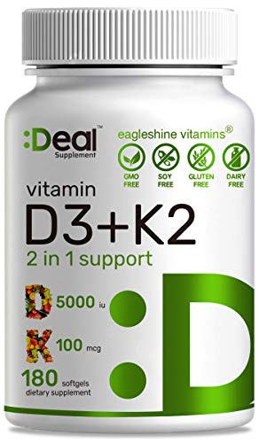 Vitamin D3 K2 Softgel 180 Counts 21 Complex Vitamin D3 5000 IU  Vitamin K2 MK7 Promotes Heart Bone  Teeth Health  Very Easy To Swallow