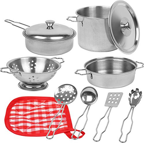 Pretend Play Kitchen Accessories Stainless Steel Cookware Pots and Pans Set with Cooking Utensils Kids Kitchen Toys for Girls and Boys