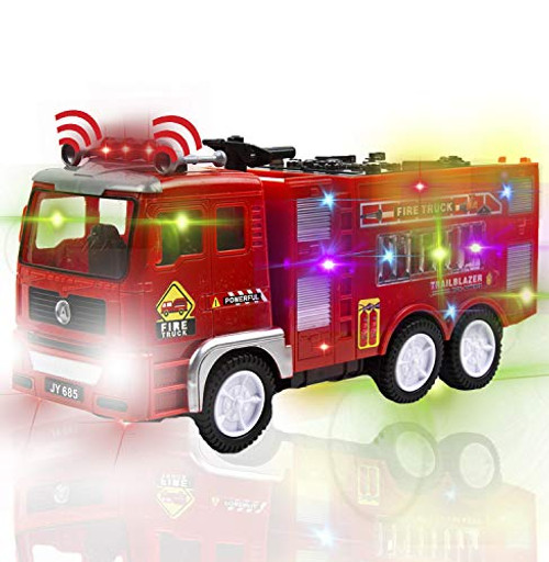 Toysery Fire Truck Toy for Kids Automatic Steering Rescue Fire Truck Toy with Flashing Lights and Real Siren Sounds Bump and Go Emergency Fire Engine Toy Truck Toys for Toddler Kids