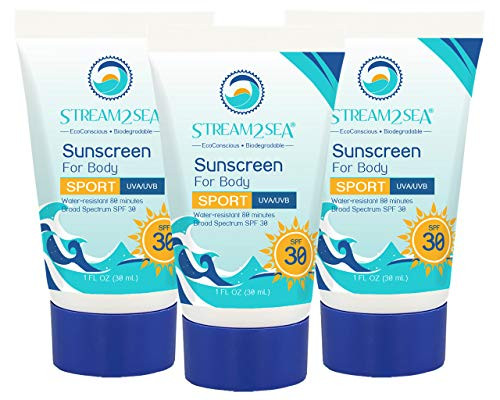 Stream2Sea Reef Safe Sport Sunscreen SPF 30 Natural Water Resistant Biodegradable Coral and Ocean Friendly Mineral Sunblock UVA UVB 1 oz Each Pack of 3
