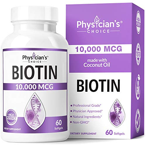Biotin 10000mcg with Coconut Oil for Hair Growth Natural Hair Skin and Nails Vitamins  High Potency Biotin NonGMO GlutenFree 60 Veggie Softgels