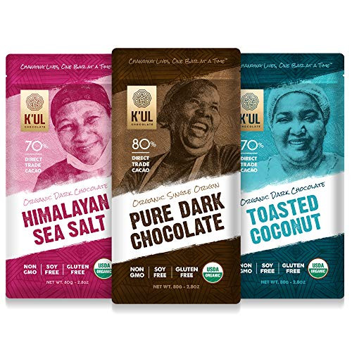 KUL CHOCOLATE Bars  3 Pack Dark Chocolate  Himalayan Sea Salt  Toasted Coconut  Pure Dark Chocolate  Organic Vegan Gluten Free Non Gmo Direct Trade Dark Chocolate  28oz Each