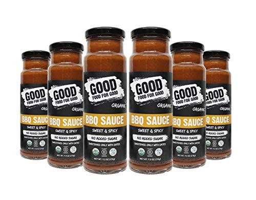 Good Food For Good Organic Sweet and Spicy BBQ Sauce No Added Sugar Whole30 Approved Sugarfree; Vegan Paleo Non GMO Gluten Free Low Salt Soy Free Corn Free; Naturally Sweetened with Dates 95oz