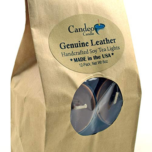 Genuine Leather, Scented Soy Tealights, 12 Pack Clear Cup Candles Genuine Leather, Scented Soy Tealights, 12 Pack Clear Cup Candles