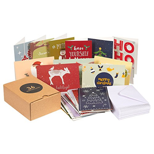 36-Pack Merry Christmas Holiday Greeting Cards Bulk Box Set - Assorted Winter Holiday Xmas Greeting Cards in 36 Special Designs, Envelopes Included, 4 x 6 Inches