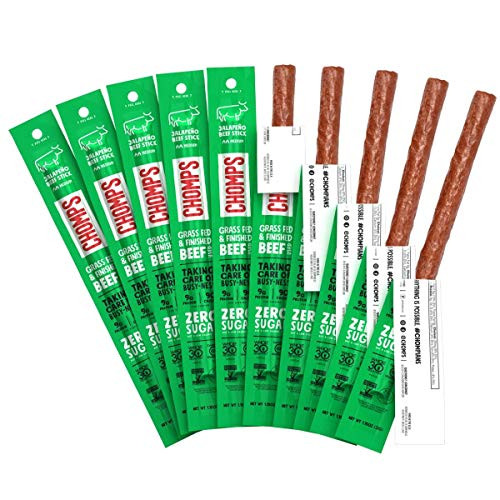 CHOMPS Grass Fed Beef Jerky Meat Snack Sticks Keto Paleo Whole30 Approved Low Carb High Protein Sugar Free Gluten Free NonGMO Nitrate Free 90 Calories 115 Oz Jalape??eef 10 Pack