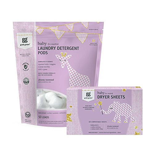 Grab Green Stage 2; 5  Months Natural Baby Laundry Detergent Pods and Dryer Sheets Kit OrganicEnzymePowered Powder Pods Compostable Dryer Sheets Dreamy Rosewood 50 Loads