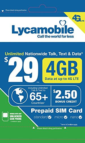 Lycamobile 29 Plan 1st Month Included SIM Card is Triple Cut Unlimited Natl Talk  Text to US and 65 Countries 4GB Of 4G LTE