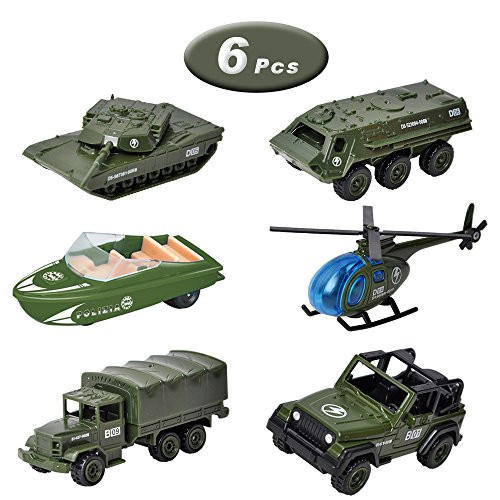 X Hot Popcorn 6 Pcs Army Vehicle Toy Set Military Vehicles Models Car Toys, Original Mini Diecast Cars Toy Tank, Jeep, Panzer, Helicopter, Speedboat, Truck Playset for Kids Toddlers Boys