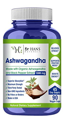Organic Ashwagandha Root Powder Supplement by Dr Hans PhD Max Strength Anxiety  Stress Relief Adrenal Fatigue Immune Energy Mood  Thyroid Support 1300mg Veg Capsules wBlack Pepper Extract