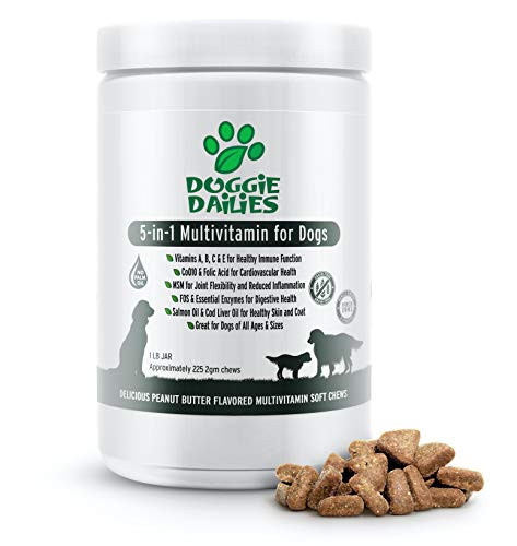 Doggie Dailies 5 in 1 Multivitamin for Dogs 225 Soft Chews Dog Multivitamin for Skin and Coat Health Joint Health Improved Digestion Heart Health and Enhanced Immunity Made in The USA