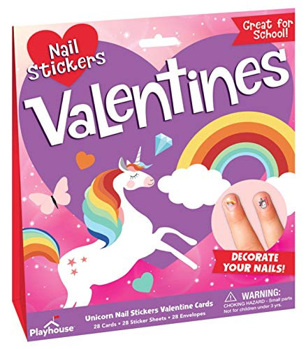 Playhouse Rainbow Unicorn Nail Sticker Sheet 28 Card Super Valentine Exchange Pack for Kids