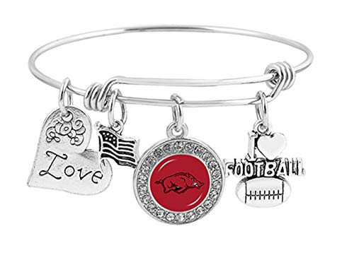 Swamp Fox Arkansas Razorbacks Metal Charm Bracelet Adjustable 7 to 9 with Round Rhinestone Charm