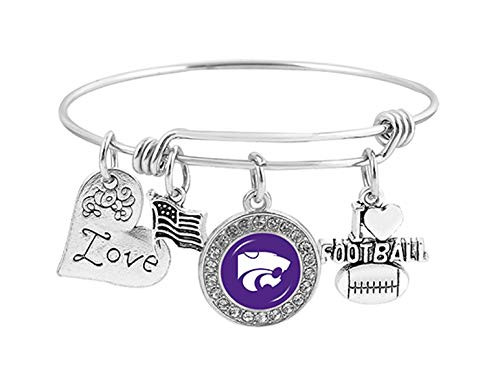 Swamp Fox Kansas State Wildcats Metal Charm Bracelet Adjustable 7 to 9 with Round Rhinestone Charm