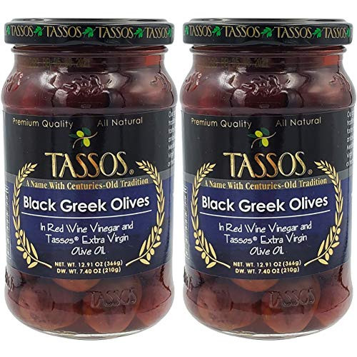 Tassos Natural Black Greek Olives In Red Wine Vinegar and Tassos Extra Virgin Olive Oil Greek Olives Net Wt 1291 Ounce 2Pack Tassos Natural Black Greek Olives In Red Wine Vinegar and Tassos Extra Virgin Olive Oil Greek Olives Net Wt 1291 Ounce 2Pack