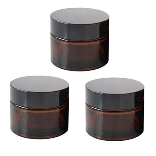 3 pack 17oz Amber Glass Round Jars Empty Cosmetic Containers with Inner Liners and black Lids For Cosmetics and Face cream Lotion 50ml