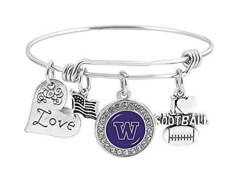 Swamp Fox Washington Huskies Metal Charm Bracelet Adjustable 7 to 9 with Round Rhinestone Charm