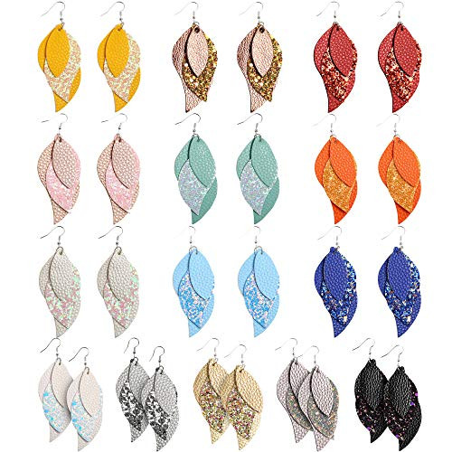 Sntieecr 14 Pairs 3 Layered Leather Earrings Lightweight Faux Leather Leaf Earrings Layered Design Drop Earrings Glitter Dangle Earrings Gift Set for Women
