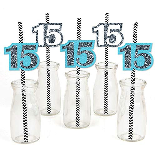 Quinceanera Teal - Sweet 15 - Paper Straw Decor - Birthday Party Striped Decorative Straws - Set of 24 Quinceanera Teal - Sweet 15 - Paper Straw Decor - Birthday Party Striped Decorative Straws - Set of 24