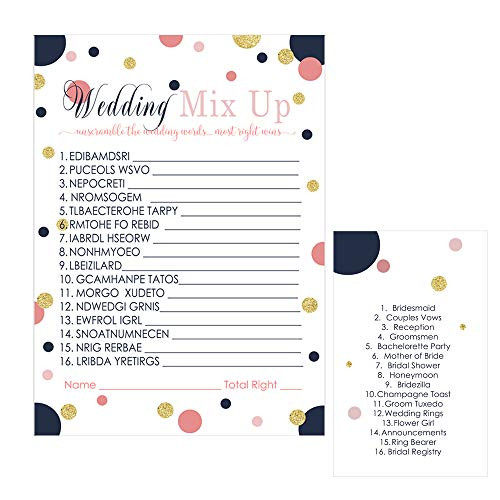 Navy and Coral Bridal Shower Games - 25 Word Scramble Activity Cards for Guests - Mod Dot and Stripe Wedding Theme