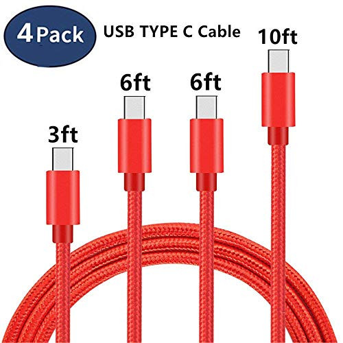 USB Type C Cable, VPR [4 Pack 3ft/6ft/6ft/10ft] Nylon Braided Type A to C Data Fast Charging Cable for Samsung Galaxy S8/ S8+ Plus, Note 8, Z981, LG G6 G5, Nintendo Switch, Nexus 6P 5X (Red)