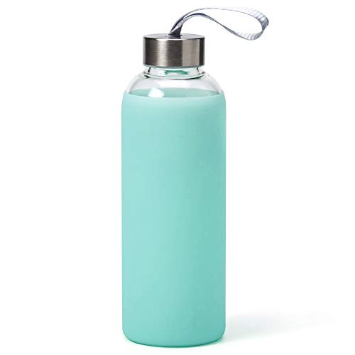 EZOWare 18 oz Glass Water Bottles Reusable Leak Proof Beverage Juicing Borosilicate Glass Drinking Bottles with Silicone Sleeve and Stainless Steel Cap Teal EZOWare 18 oz Glass Water Bottles Reusable Leak Proof Beverage Juicing Borosilicate Glass Drinking Bottles with Silicone Sleeve and Stainless Steel Cap Teal