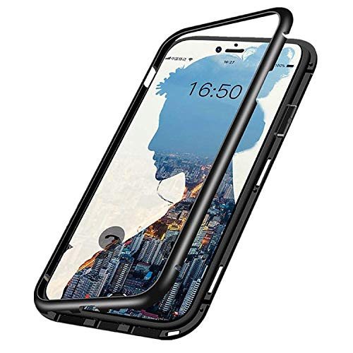 iPhone 6 Plus/ 6s Plus Case,MISSCASE Ultra Slim Magnet Protective Case with Metal Frame Tempered Glass Back [Magnetic Adsorption Technology] [Support Wireless Charging](Black Frame + Clear Back)