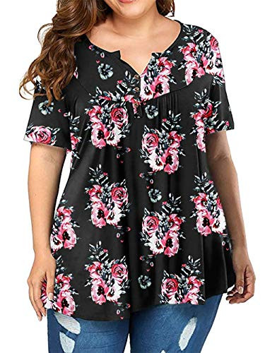 Womens Plus Size Henley Shirt Floral Print Tee Shirts Buttons Up Tunic Tops A 26W
