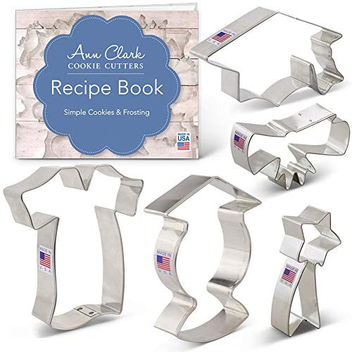 Graduation Cookie Cutter Set with Recipe Booklet - 5 piece - Graduation Cap, Gown, Diploma, Graduate and Shooting Star - Ann Clark - USA Made Steel