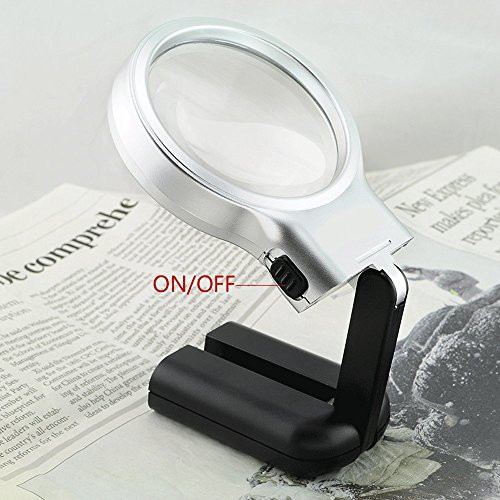 Finlon 3X Foldable Magnifier Stand Desktop & Handheld LED Magnifier LED Illuminated Hands Free Magnifying Glass for Reading, Inspection, Repair, Needlework, Hobby and Craft
