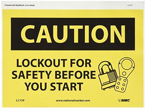 NMC C177P OSHA Sign Legend CAUTION  LOCKOUT FOR SAFETY BEFORE YOU START with Graphic 10 Length x 7 Height Pressure Sensitive Vinyl Black on Yellow
