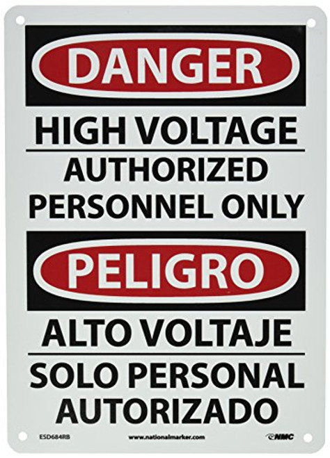 NMC ESD684RB Bilingual OSHA Sign Legend DANGER  HIGH VOLTAGE AUTHORIZED PERSONNEL ONLY 10 Length x 14 Height Rigid Plastic BlackRed on White