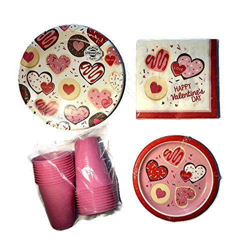 Valentines Day Party Pack Bundle for 8 Guests Includes Dinner Plates, Dinner Napkins, Dessert Plates and Plastic Cups