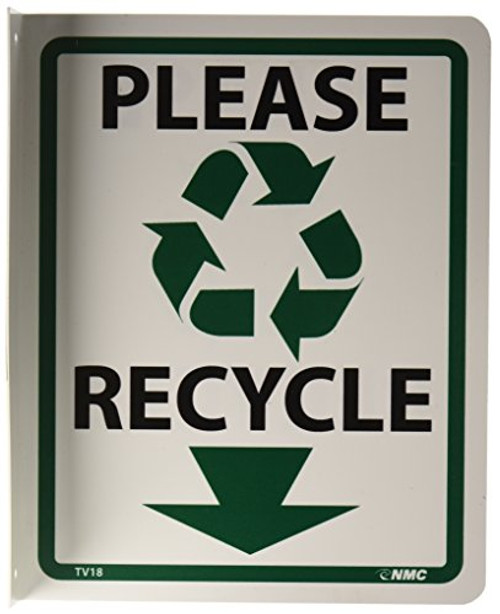 NMC TV18 Flanged Sign Legend PLEASE RECYCLE with Graphic 8 Length x 10 Height Rigid Plastic  Black on White