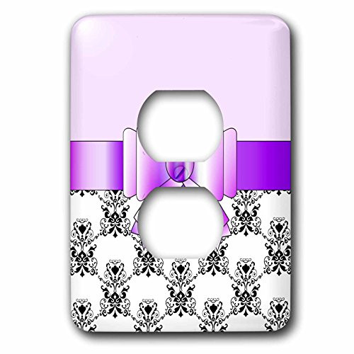 3dRose LSP_110768_6 Pretty Purple Bow White and Black Damask 2 Plug Outlet Cover, Multicolor