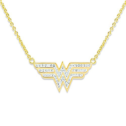 DC Comics Wonder Woman Jewelry for Women Yellow Gold Plated Crystal Logo Pendant Necklace 18 Chain