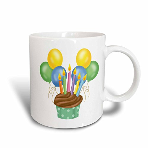 3dRose mug1655011 Chocolate Birthday Cupcake with Candles and Balloons Ceramic Mug 11Ounce