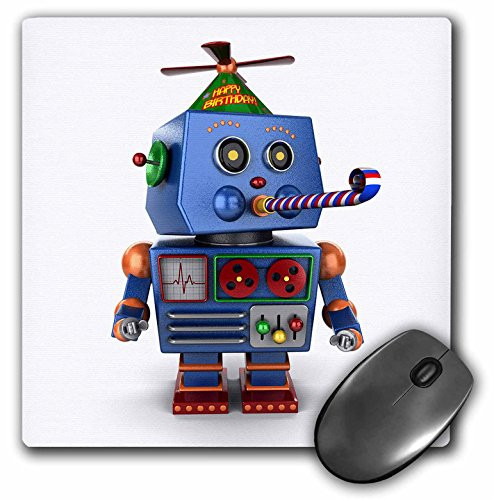 3dRose 8 x 8 x 025 Inches Vintage Toy Robot with Birthday Party Hat Blowing a Party Favor Celebration Cute Funny Event Mouse Pad mp1551641