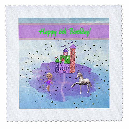3dRose qs1807732 Glitter Look Castle with Fairy Princess and Unicorn Happy 6Th BirthdayQuilt Square 6 by 6Inch